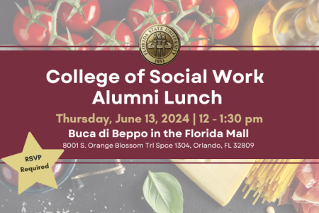 College of Social Work Alumni Lunch graphic for Buca di Beppo in the Florida Mall on June 13th with images of tomatos and Italian food including pasta and cheese.