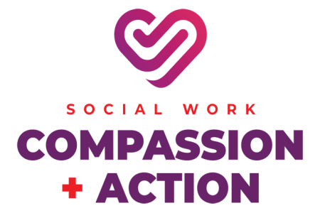 Social Work Month Theme of Compassion and Action with a graphic of a pink heart
