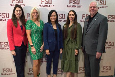 "Leslie Moland, Ashley Saba & Hong Ptomski (Florida Blue); FSU Panama City Director of Development Katie Sowell and Dean Randy Hanna"