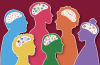 Graphic of colorful outlines of people with a white outline of the brain full of color shapes and lines